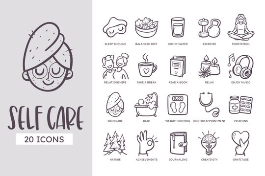 Self Care Icon Set. 20 cute hand-drawn line art style. Vector illustration.