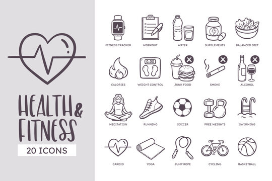 Health and Fitness Icon Set. 20 cute hand-drawn line art style. Vector illustration.
