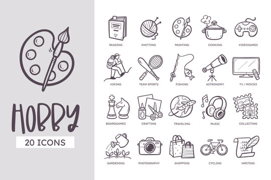 Hobbies and leisure activities icon set. 20 cute hand-drawn line art style. Vector illustration.