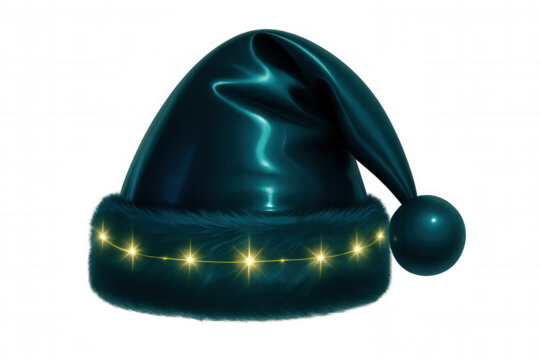 Festive 3d-rendered blue santa hat decorated with sparkling christmas lights, glowing against dark background