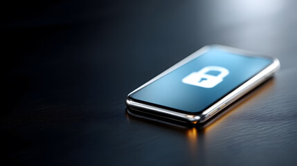 Close-up of smartphone lying flat on dark surface with illuminated lock icon, symbolizing security and data protection.
