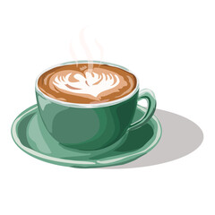 Freshly brewed cappuccino in green ceramic mug with latte art on white background