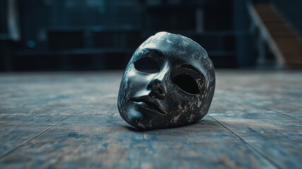 Mask rests on the wooden floor in an empty theater as light casts shadows in the background during evening hours