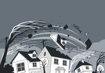 Tornadoes destroy houses and trees, debris flies through the air.