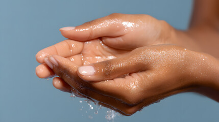Hands cupping water, symbolizing freshness, hydration, and cleansing rituals for beauty, wellness, and hygiene-related concepts.