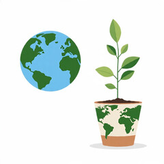 Globe and Tree in World Map Pot – Eco Sustainability Concept