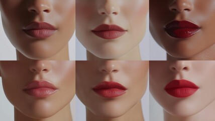 Multiple lip looks showcasing various shades and finishes on mannequin representations in a beauty display