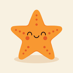 Cute cartoon starfish illustration in bright orange, perfect for product packaging, labels, web design, banners, book illustrations and art prints with a playful, child-friendly style. 