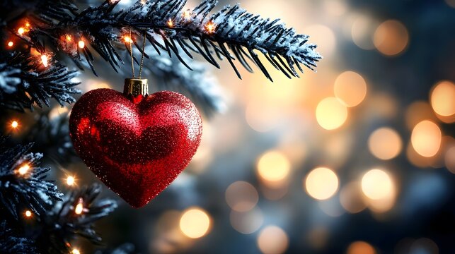 Heart-shaped ornament hangs from a snow-dusted Christmas tree branch with soft glowing lights in the background
