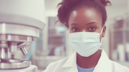 Young african american female scientist wearing a lab coat and face mask, operating a centrifuge in a modern lab