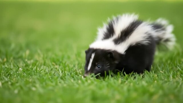 Young skunk puppy Exploring Green Grass Outdoors in Bright Natural Light