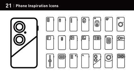 This icon set showcases phone design inspirations with various shapes and lenses. Ideal for tech and design, with resizable images.