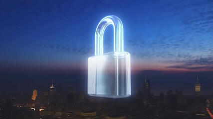 Glowing padlock hovers over cityscape at dusk, protecting urban data - Powered by Adobe
