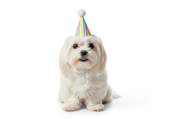 Obraz premium Adorable maltese dog celebrating a birthday with a colorful party hat