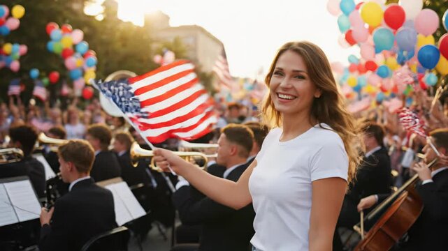 Woman smiling, holding American flag, at a Labor Day parade,