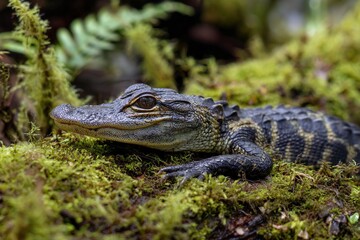 Fototapeta premium A young American alligator rests on green moss in a wetland environment. The reptile has a patterned body and is partially camouflaged among the foliage.