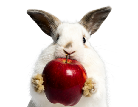 Cute Rabbit Holding a Red Apple, Front View, isolated on transparent background