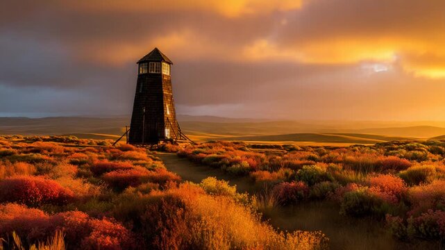 Historic wooden watchtower amidst vibrant meadow at sunset landscape