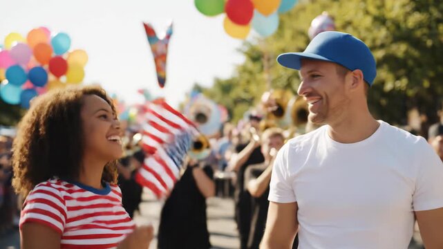 Happy couple at a festive parade, celebrating with friends