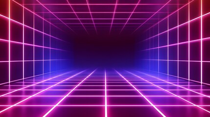 A vibrant, grid-patterned space, lit by neon pink and blue lines, creates a futuristic and dynamic atmosphere.