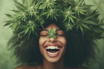 Stone head with a hairstyle made from marijuana weed buds and leaves in a fluffy Afro hairstyle, their mouth open with a giant cannabis bud inside it, smiling and happy