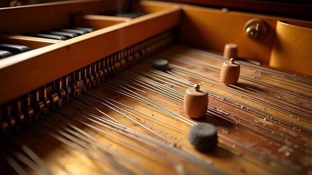 Close-up of a dulcimer in action, with mallets striking strings creating vibrant music and a rustic atmosphere, perfect for musical projects