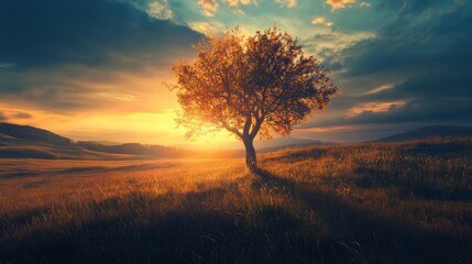 Lonely tree silhouetted against vibrant sunset with mountains in the background.