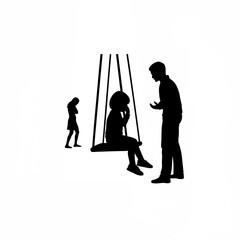 Obraz premium Child on swing silhouette parents arguing in background looking down isolated on white background silhouette
