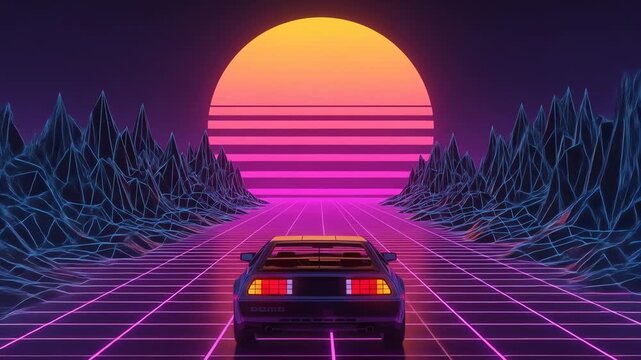 Retro Sports Car Pixel Art Neon Sunset Drive