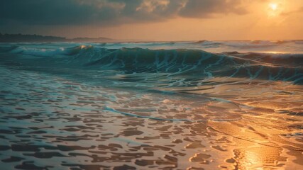 Waves gently crashing on a tropical beach at sunset, golden hour lighting, cinematic wide shot, 16:9 ratio, Generative AI
