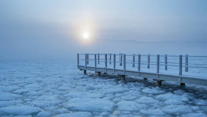 Tranquil winter pier under a hazy sunrise with ice-covered ground