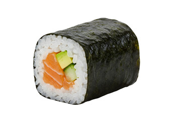 Freshly made sushi roll featuring salmon, avocado, and cucumber; perfect for Japanese cuisine concepts, food blogs, and restaurant menus.