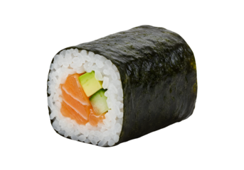 Freshly made sushi roll featuring salmon, avocado, and cucumber; perfect for Japanese cuisine concepts, food blogs, and restaurant menus.