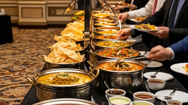Upscale Indian Buffet  People Serving Themselves at an Elegant Event