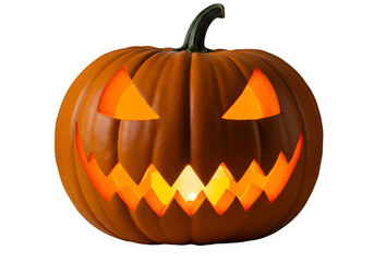 Naklejka premium Spooky Halloween pumpkin with glowing carved face, perfect for holiday decorations and seasonal promotions, creating a festive atmosphere