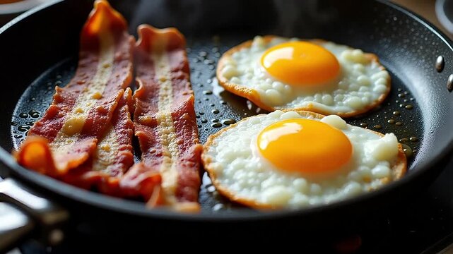 Sizzling bacon and fried eggs in a pan creating a delicious breakfast scene, perfect for culinary projects and food-related content, showcasing fresh ingredients