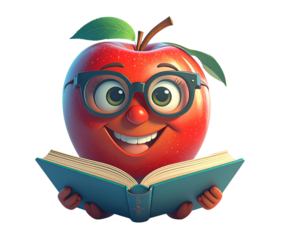 Cartoon Red Apple Reading an Open Book PNG