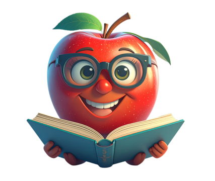  Cartoon Red Apple Reading an Open Book PNG