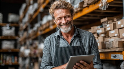 Business owner managing inventory warehouse environment digital content professional workspace close-up view efficient operations