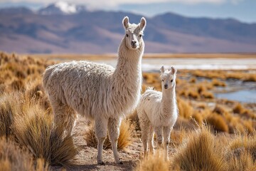 Obraz premium Two white llamas stand in a grassy field near a body of water. The adult llama is larger, while the baby llama is smaller and playful. Mountains are visible in the background.