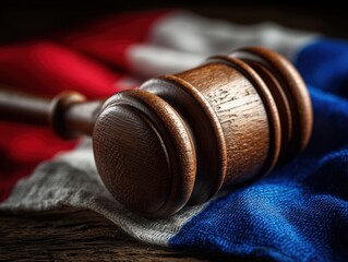 Wooden gavel on french flag symbolizing justice and law