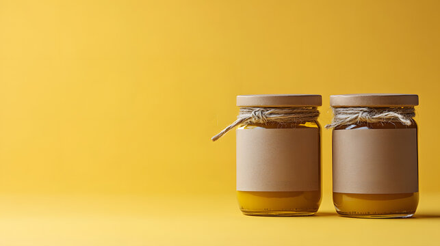 Two glass jars of honey with blank brown paper labels and a yellow background with empty space. Product branding mockup background illustration.