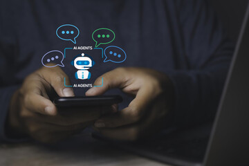 AI agent chat service and customer support. Artificial intelligence helping and assisting customer. Person using laptop computer to ask questions to AI at desk.