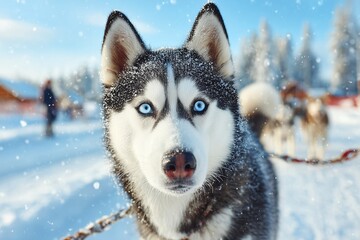 Siberian husky with bright blue eyes in a snowy outdoor setting