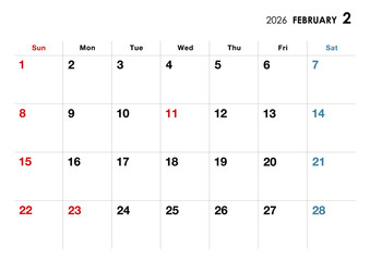 2026年2月カレンダー　横向き