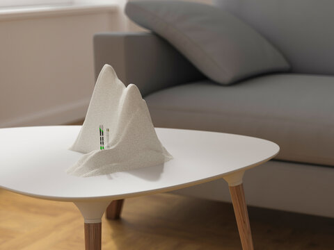 Symbolic 3d snow landscape on table representing travel and relaxation
