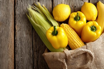 Rustic display of fresh yellow vegetables and fruits on wooden background