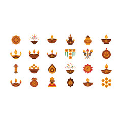 Vector art of collection of diwali symbols including diyas and fireworks