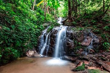 The natural backdrop of a waterfall in a deep forest or a reservoir by a stream, the beauty of the ecosystem, the green forest, the cool air during an adventurous trip.