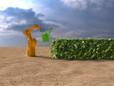 Robot arm watering hedge in desert as symbol for sustainable future